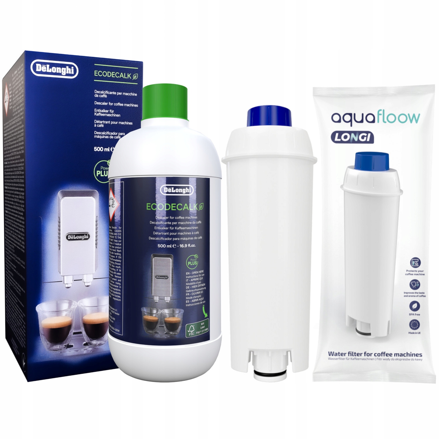 Delonghi Ecodecalk DLSC500 odstraňovač vodného kameňa 500 ml + Vodný filter pre kávovar AquaFloow Longi biely
